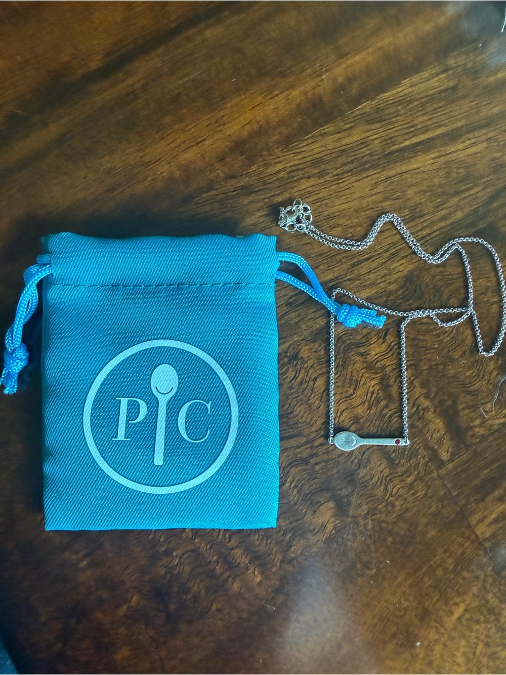 Pampered Chef Spoon Necklace with Red Stone and Turquoise Drawstring Pouch